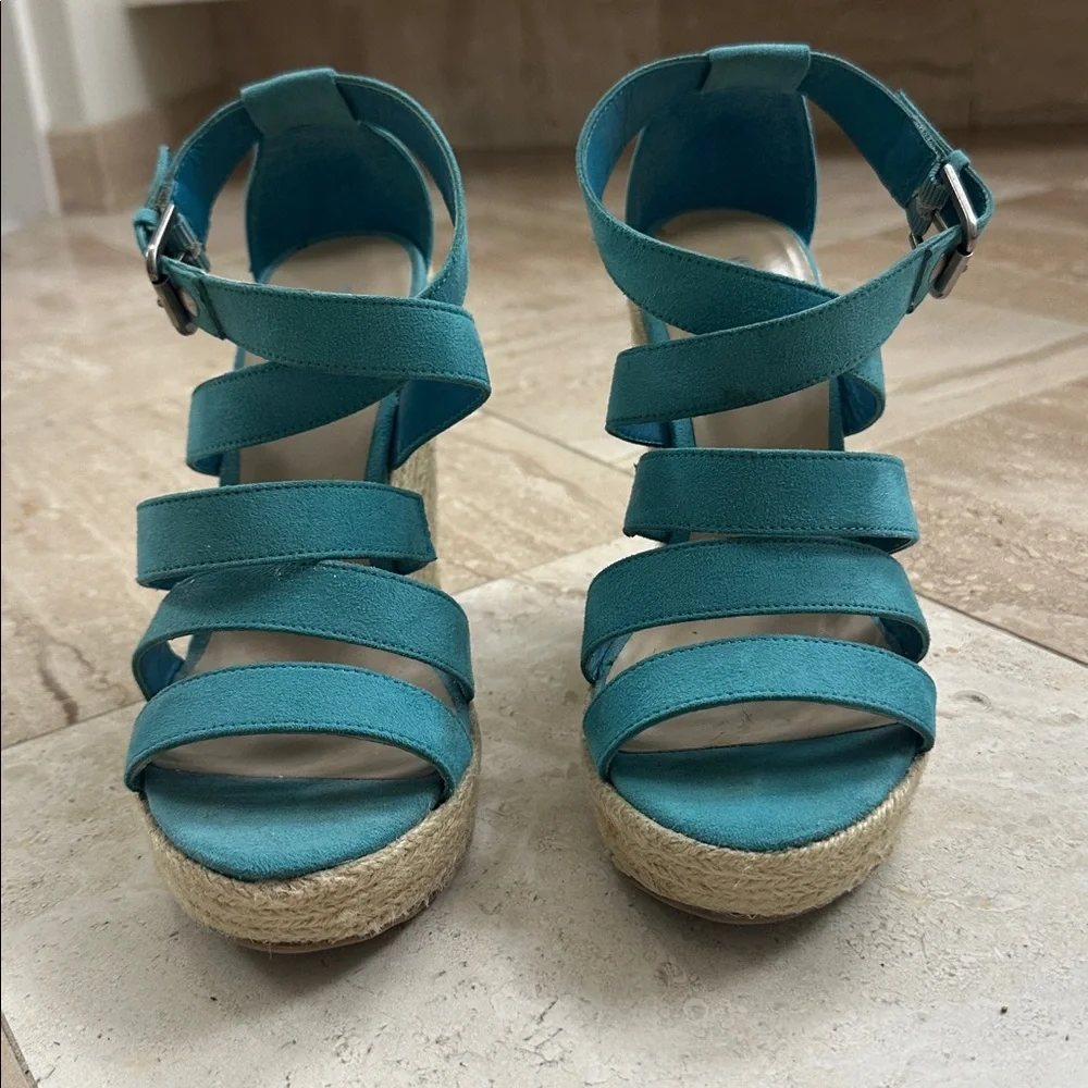 Mossimo Turquoise Suede-like Wedge Sandals with Jute Heels - Picture 2 of 8